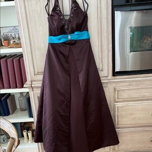 Alexia Elegant Brown Evening Gown with Blue Accent prom